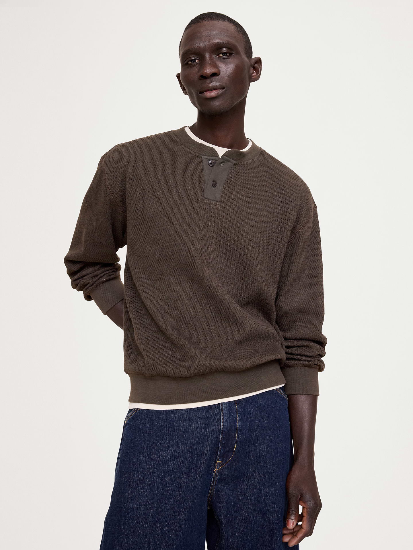 Image 1 of 5, Cut from soft cotton, this heavyweight shirt uses a textured stitch that makes it an easy go-to for dressing up on a cool day., Relaxed Fit: A straight & roomy fit. Dropped shoulder seam., Crew neck with henley placket., Straight hem., Product #1180477