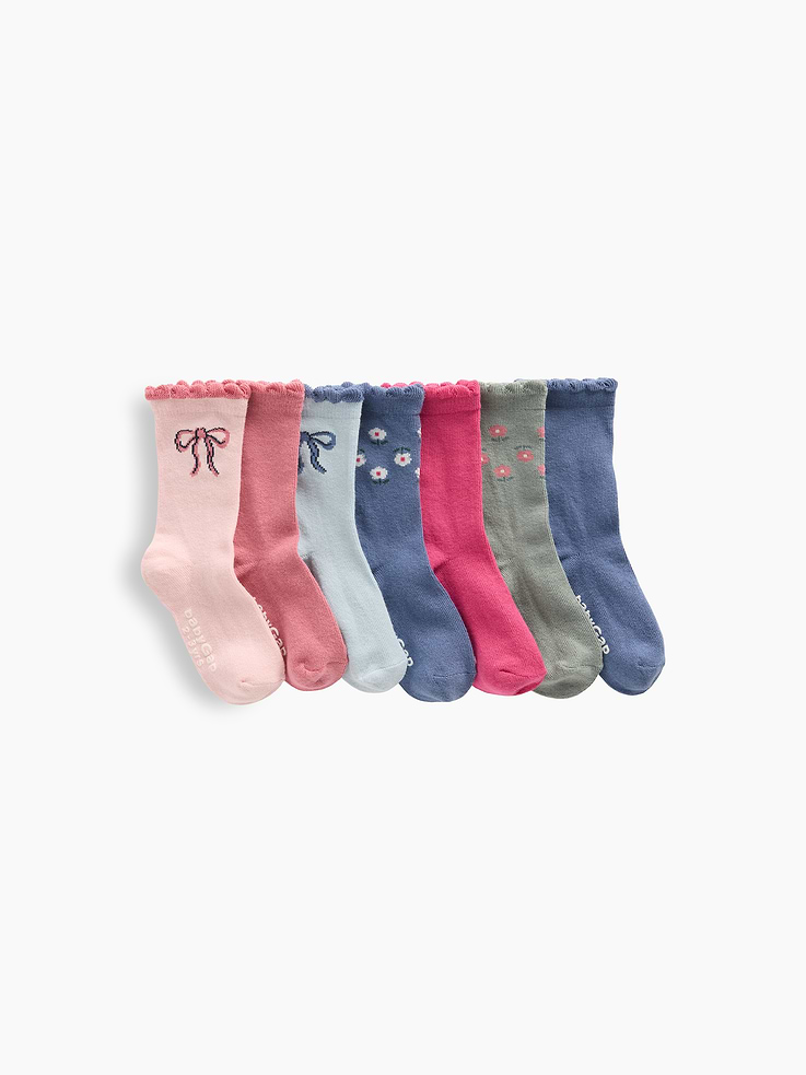 Image 1 of 1, Soft, stretch knit crew socks., Ruffle trim at ribbed top., Reinforced toe and heel., Solids, graphics, & prints., Made with 10% recycled polyester. Compared to virgin materials, using recycled materials helps reduce resource use and waste., Product #1183565