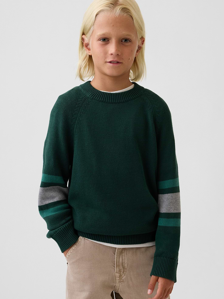 Image 1 of 5, Soft knit cotton sweater. In a relaxed fit., Crewneck., Long sleeves., Ribbed cuffs and hem., This product was made in a factory that invests in gender equity and women’s empowerment through RISE. Learn more at gapinc.com/equity ., Product #1184262