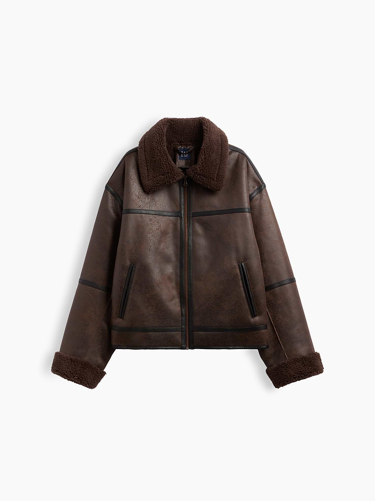 Image 6 of 6, Sherpa & Vegan Leather Flight Jacket