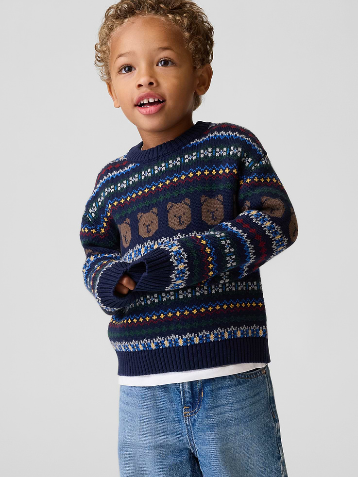 Image 1 of 4, Soft cotton sweater., Crewneck., Long sleeves., Allover Fair Isle print., This product was made in a factory that invests in gender equity and women’s empowerment through RISE. Learn more at gapinc.com/equity ., Product #1185379