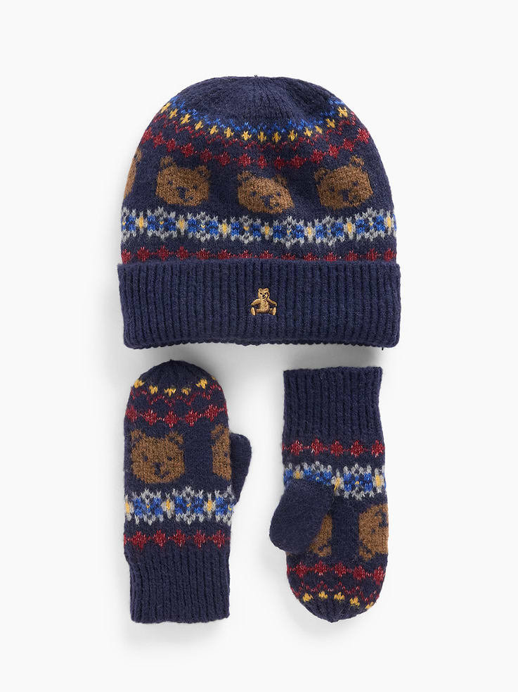 Image 1 of 2, Soft, stretch knit beanie and mittens set., Embroidered Brannan Bear at beanie., Allover Fair Isle prints., Product #1185856