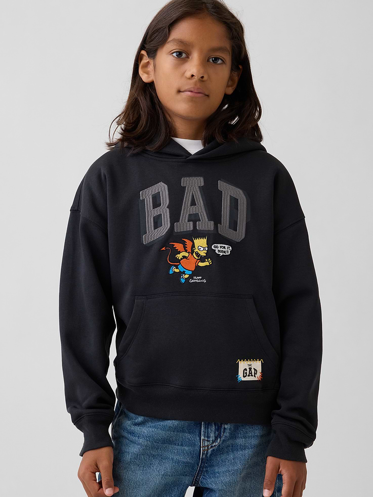 Image 1 of 8, Our softer than soft sweats. Brushed on the inside. Smooth on the outside. Made so that no two are alike., Soft cotton-blend fleece sweatshirt. In a relaxed fit., Hooded neckline., Long sleeves., BAD embroidered arch logo and Bart Simpson graphic at front., Made with 23% recycled polyester. Compared to virgin materials, using recycled materials helps reduce resource use and waste., Product #1188308