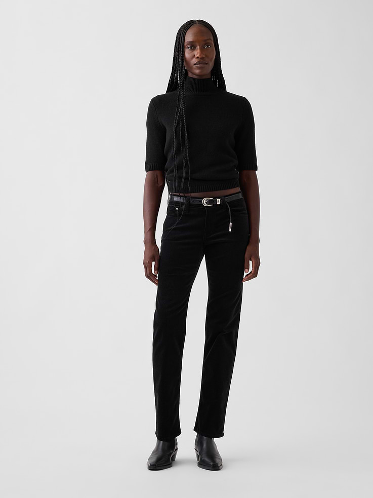 Image 1 of 7, Fit: A full-length classic straight-leg pant that's slim through the hip & thigh., Fabric: 80% Cotton, 12% Polyester, 6% Rayon, 2% Elastane., Stretch: Low Stretch Jeans. Looks like vintage denim but feels like you've had them forever. Easy & comfortable with a little secret stretch., Rise: Low Rise Pants., Look: A classic five-pocket pant in black velvet., Details: Zip fly & five-pocket styling., This product was made in a factory that invests in gender equity and women’s empowerment through RISE. Learn more at gapinc.com/equity ., Product #1185286