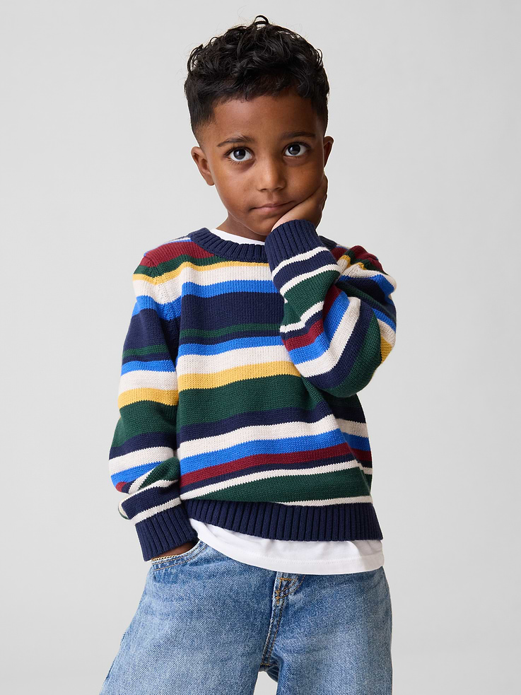 Image 1 of 4, Soft knit cotton-blend sweater., Crewneck., Long sleeves., Ribbed cuffs and hem., Assorted colors, graphics, and prints., Certain styles have embroidered Brannan Bear at chest., Made with 20% recycled polyester. Compared to virgin materials, using recycled materials helps reduce resource use and waste., Note: Styles with dinosaur, firetruck, & football graphics are made with 100% Cotton., Product #906354