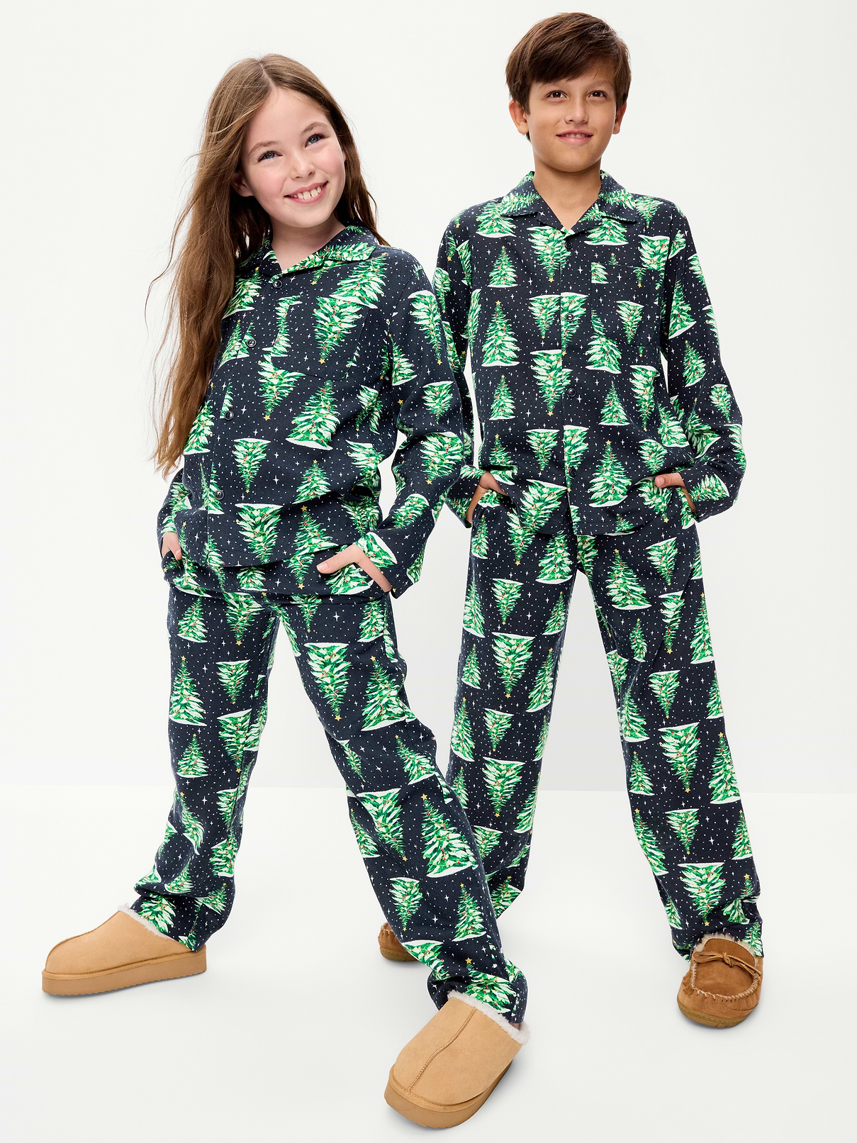 Image 1 of 3, notched collar, long sleeves, patch pocket at chest, full button front, matching pajama pants, elasticized waistband, on-seam pockets, all-over print, Product #904628