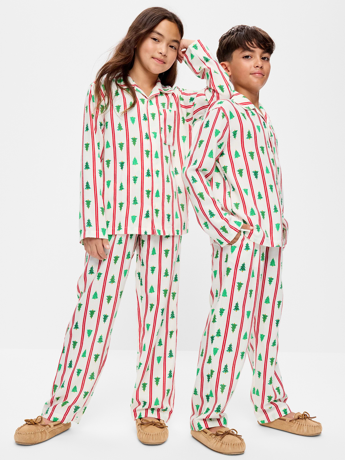 Image 1 of 4, notched collar, long sleeves, patch pocket at chest, full button front, matching pajama pants, elasticized waistband, on-seam pockets, all-over print, Product #904628