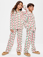 Image 1 of 4, notched collar, long sleeves, patch pocket at chest, full button front, matching pajama pants, elasticized waistband, on-seam pockets, all-over print, Product #904628