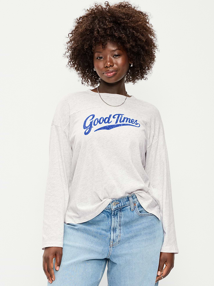 Image 6 of 9, Loose Long-Sleeve Graphic T-Shirt