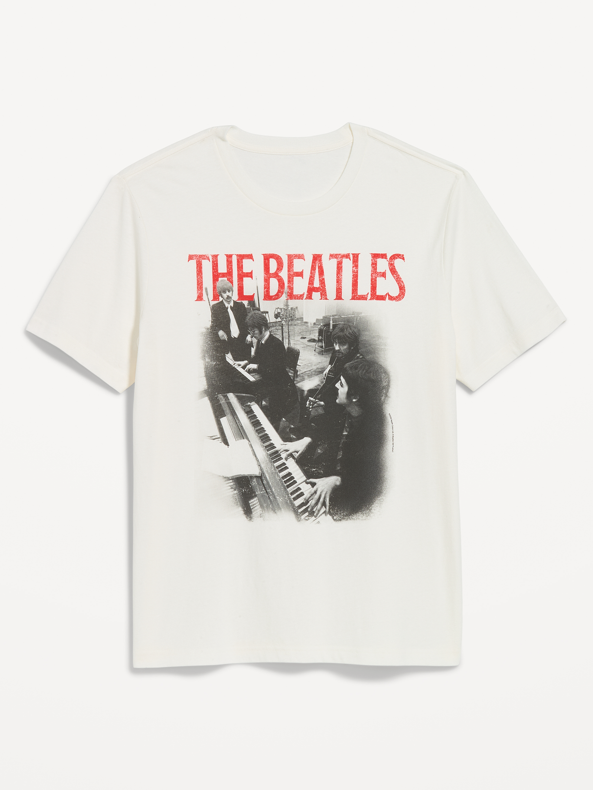 Image 1 of 2, rib-knit crew neck, short sleeves, licensed graphic, ©2026 Apple Corps Ltd. A Beatles TM Product, Product #1188275