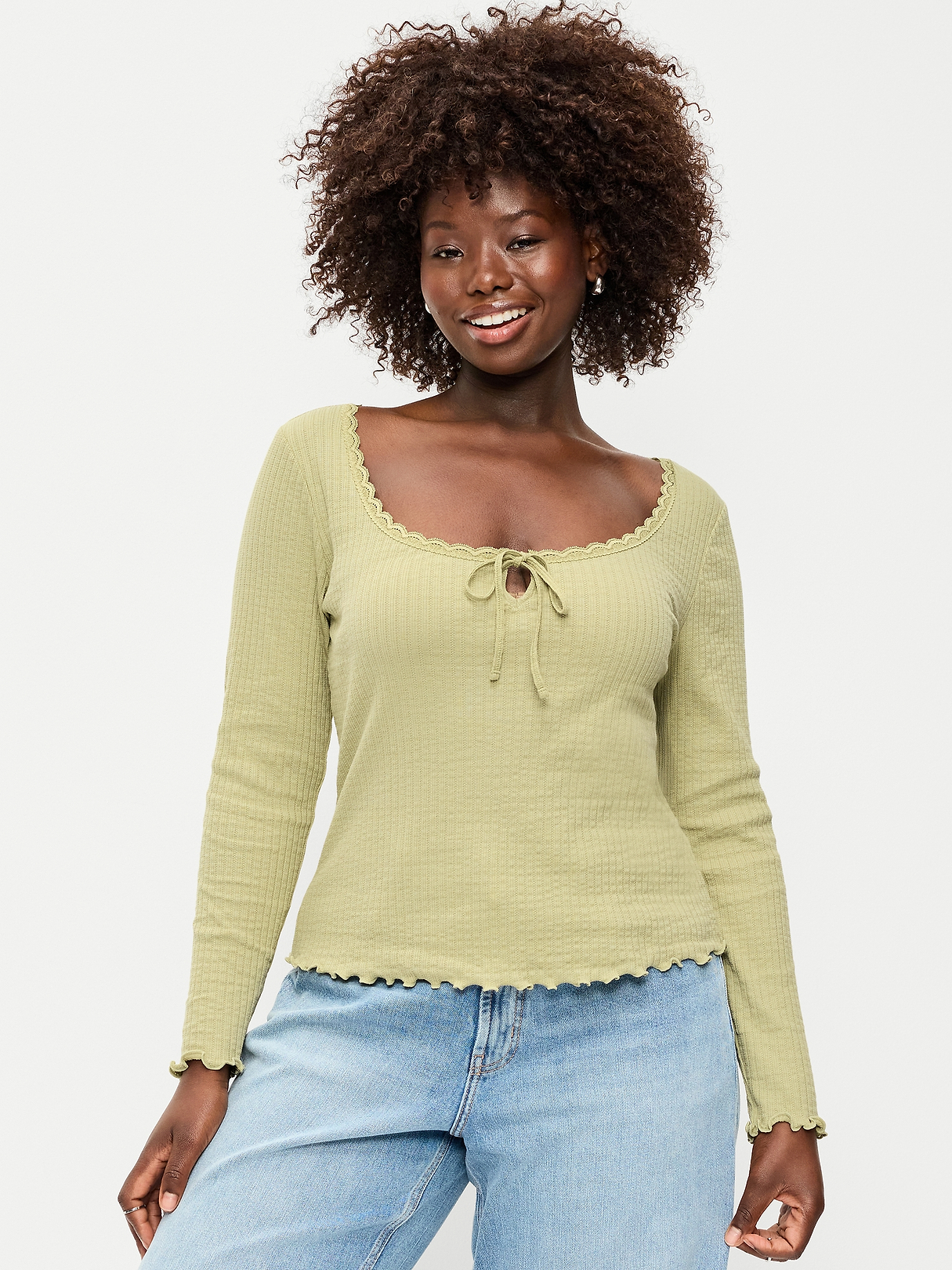 Long-Sleeve Pointelle Knit Lace-Trim Top | Old Navy