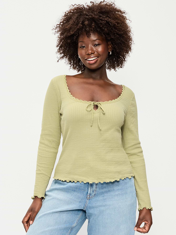 Image 3 of 4, Long-Sleeve Pointelle Knit Lace-Trim Top