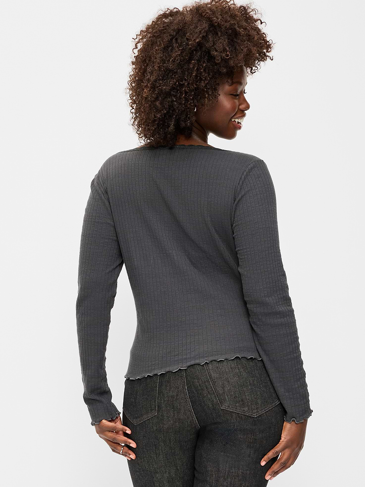 Image 4 of 6, Long-Sleeve Pointelle Knit Lace-Trim Top