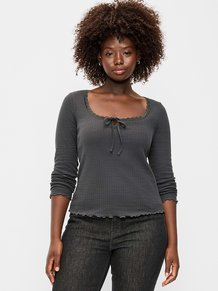 Image 3 of 6, Long-Sleeve Pointelle Knit Lace-Trim Top