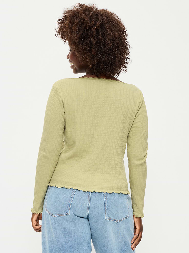 Image 4 of 4, Long-Sleeve Pointelle Knit Lace-Trim Top