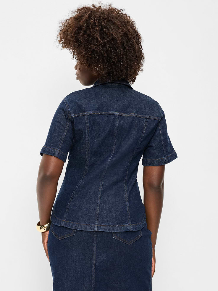 Image 4 of 8, Short-Sleeve Button-Front Denim Top