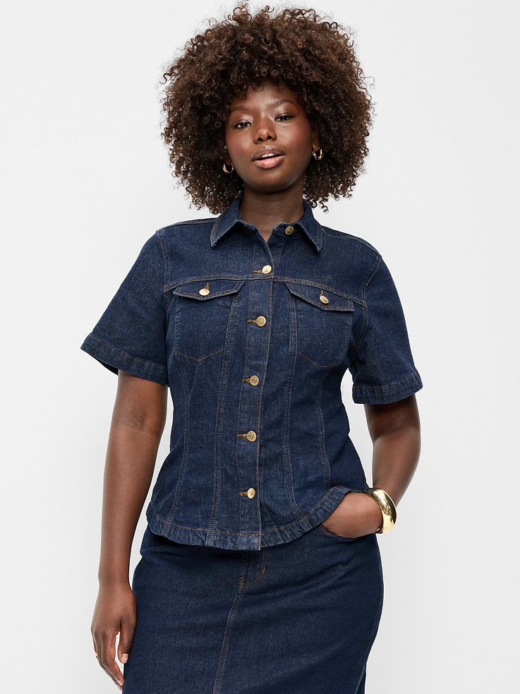 Image 3 of 8, Short-Sleeve Button-Front Denim Top