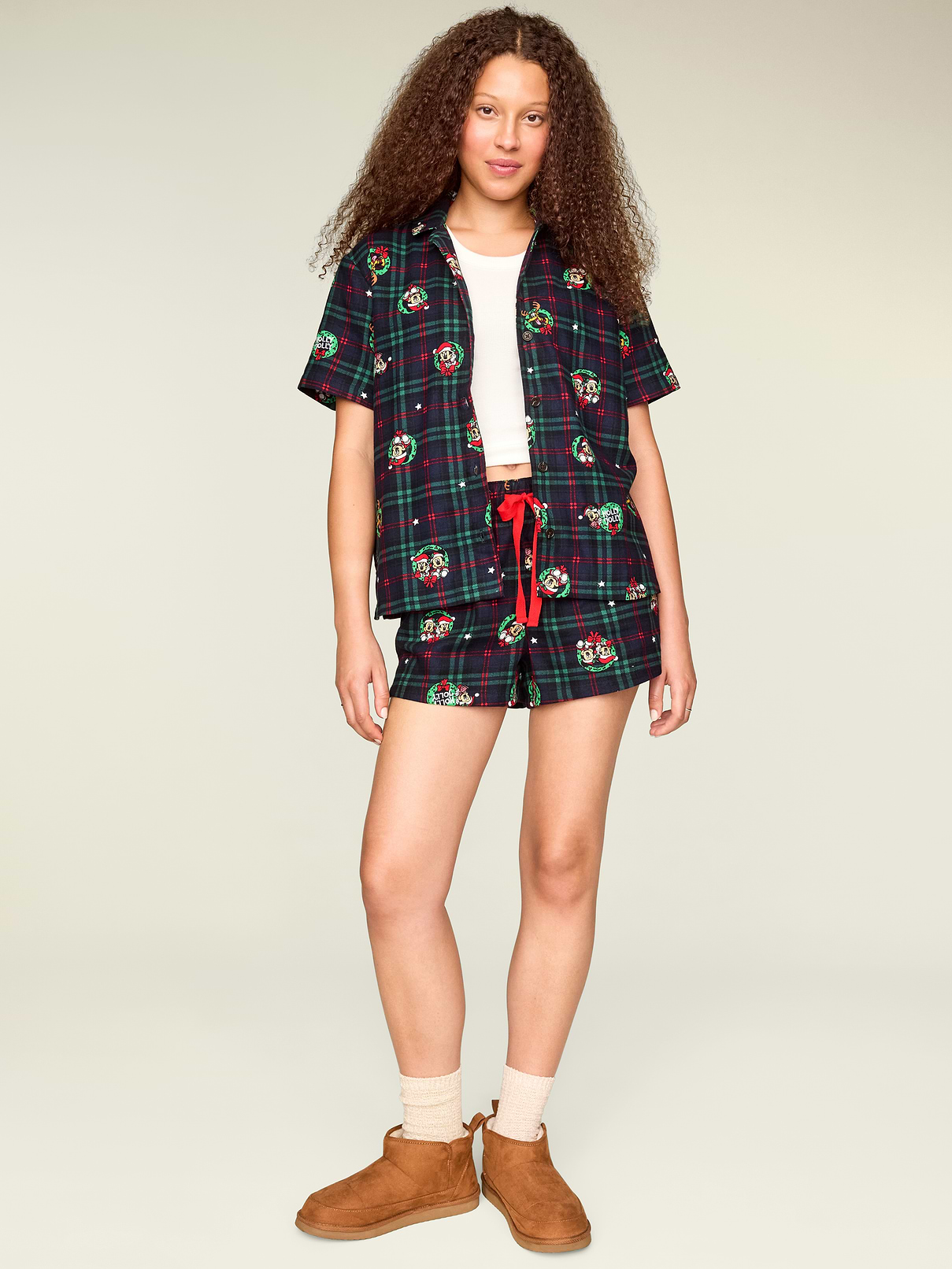Image 1 of 8, set includes sleep shirt and matching boxer shorts, notched collar, short sleeves, button front, patch chest pocket, elastic waist shorts, ©Disney, Product #908796