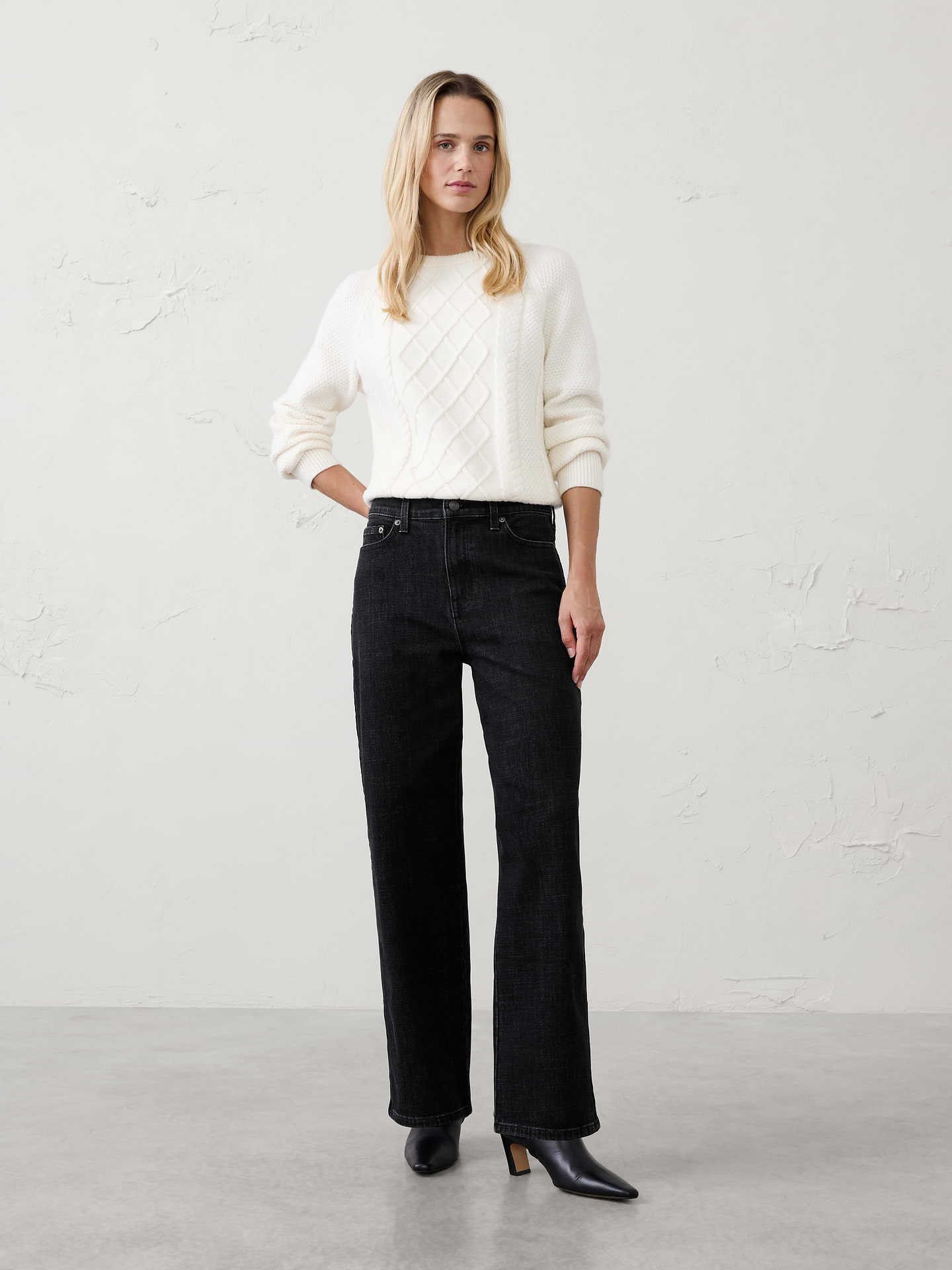 Image 1 of 3, Refresh your denim collection with this straight-fit high-rise jean, elevated by a striking velvet side-stripe detail. Crafted in a flattering high-rise silhouette, this customer-favorite style combines the timeless appeal of classic denim with a refined touch of texture., WASHWELL: This jean is part of our water-saving Washwell program. Compared with conventional wash methods, Washwell uses at least 20% less water., Fitted. High rise. Straight leg. Full length., Shank button closure with zip fly. Belt loops., Traditional five-pocket design., Velvet side-stripe detail adds elevated style., Made exclusively for Banana Republic Factory., Product #1181437