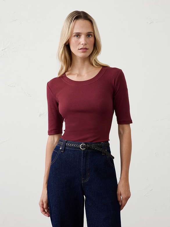 Ribbed Elbow-Sleeve T-Shirt