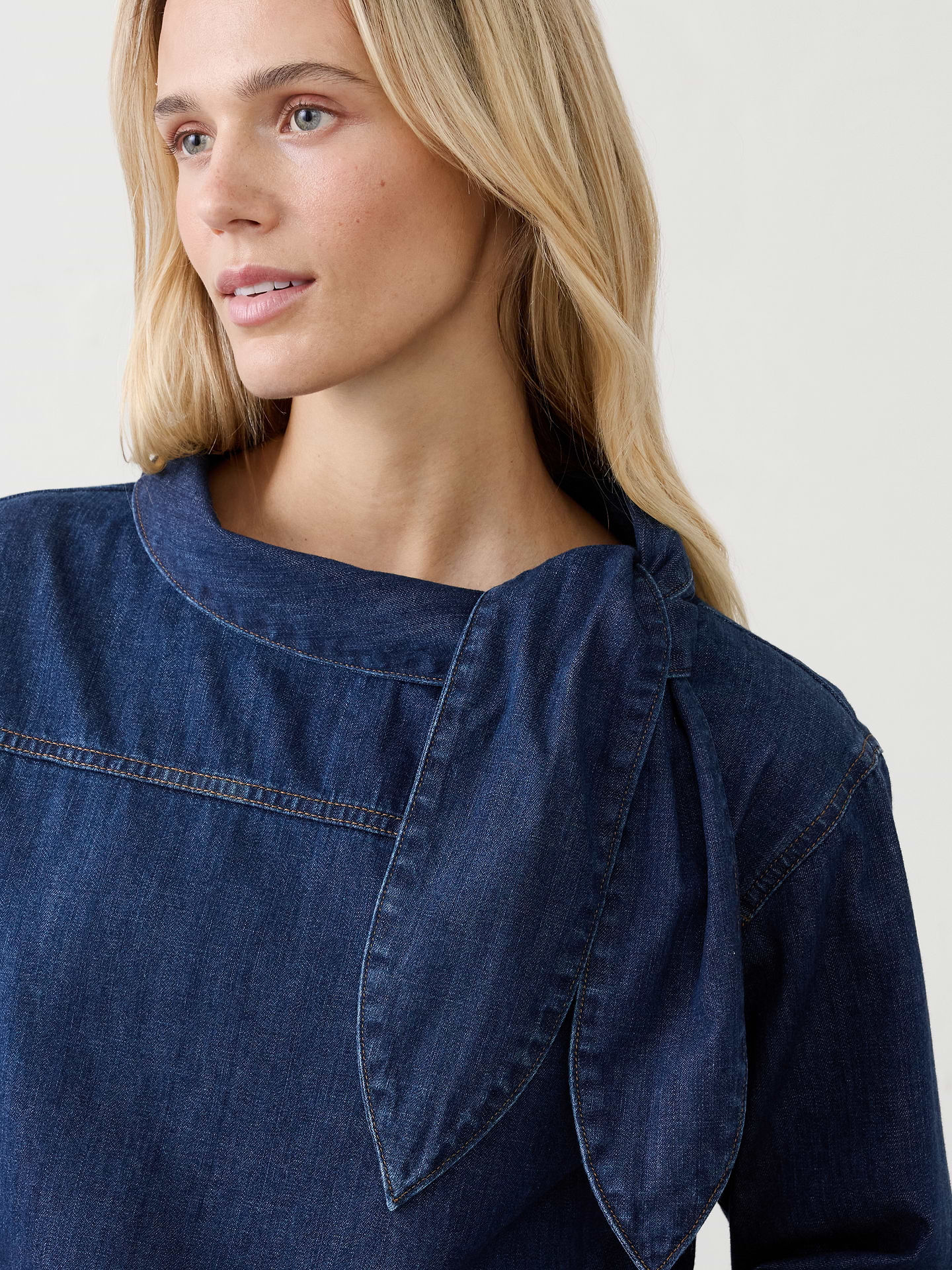 Image 3 of 4, Denim Tie-Neck Top