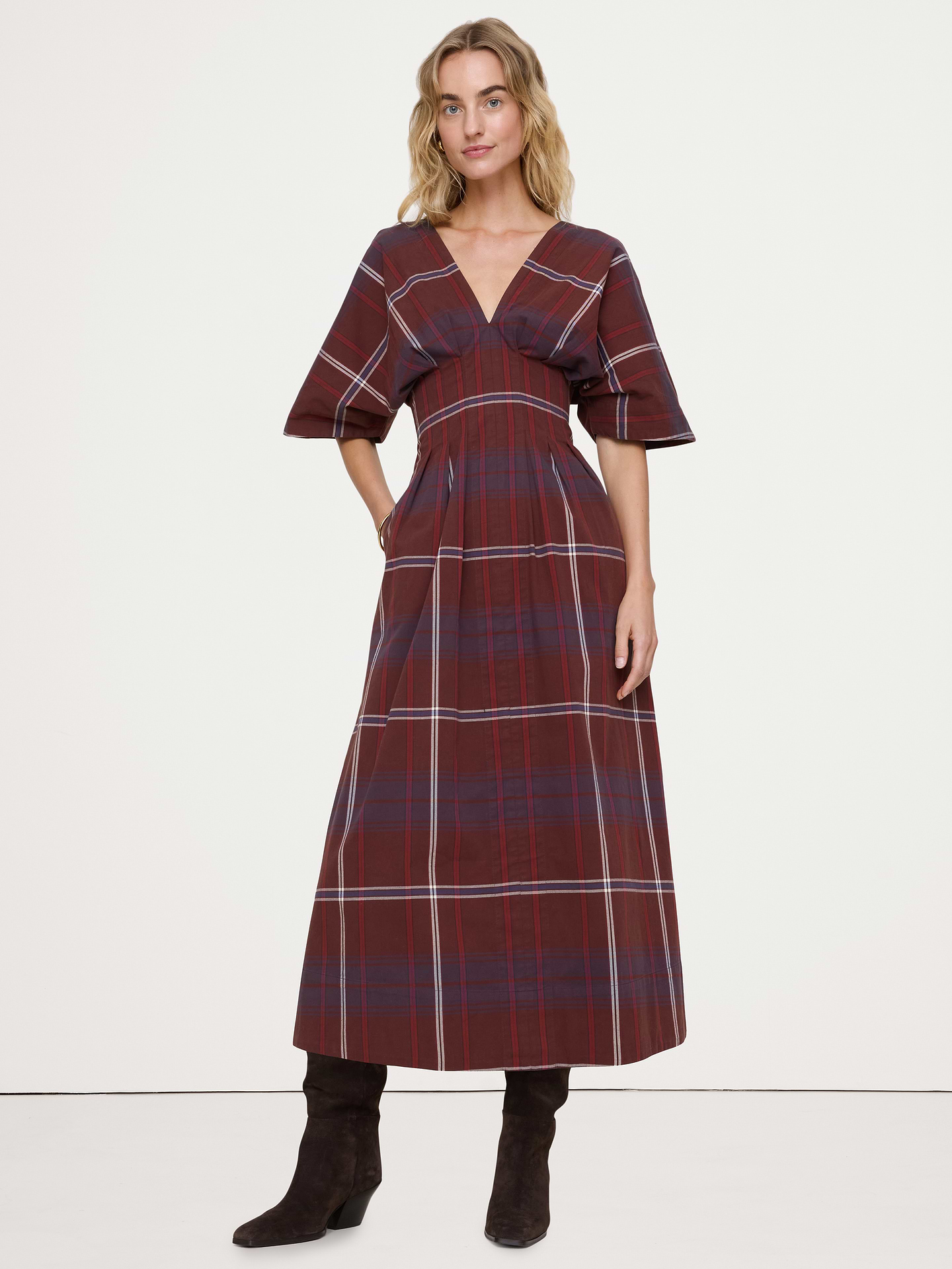 Image 1 of 5, This maxi dress nods at the season's drop-waist trend with corset-inspired pleats at the waist and a dramatic, dolman-style sleeve—in a stretch-cotton finish., Blouson fit: Relaxed through chest and shoulders, defined waist with a flare skirt., V-neck, v-back with invisible zip., Unlined., Product #1182114