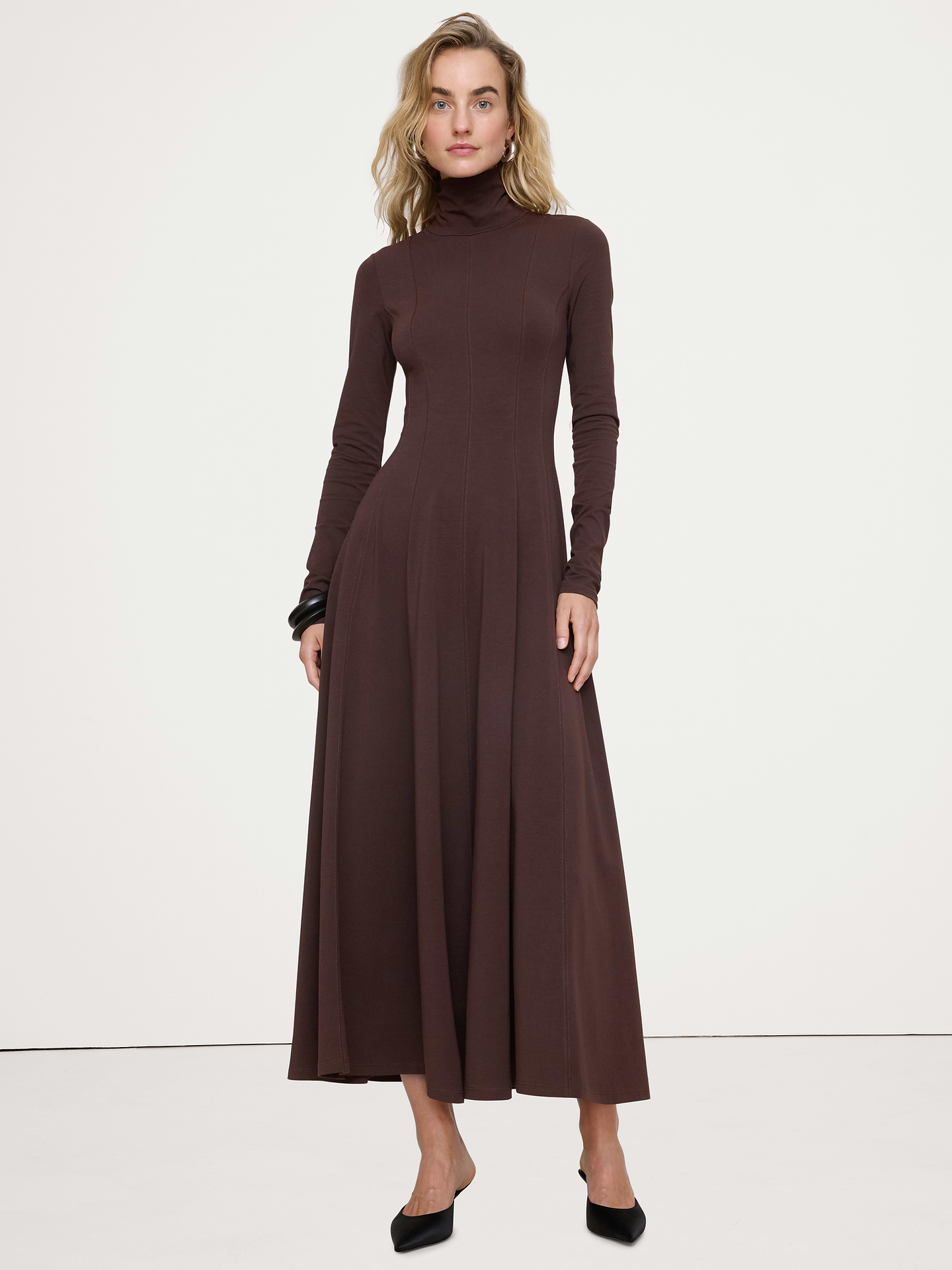 Image 1 of 8, If we had a wardrobe Hall of Fame, this maxi dress would be front-and-center thanks to its paneled construction, flowing fit, and a soft jersey fabric from a cotton blend., Fit & Flare: Fitted bust and waist with a flare skirt., Turtleneck with bra-friendly design., Unlined., Product #1182116