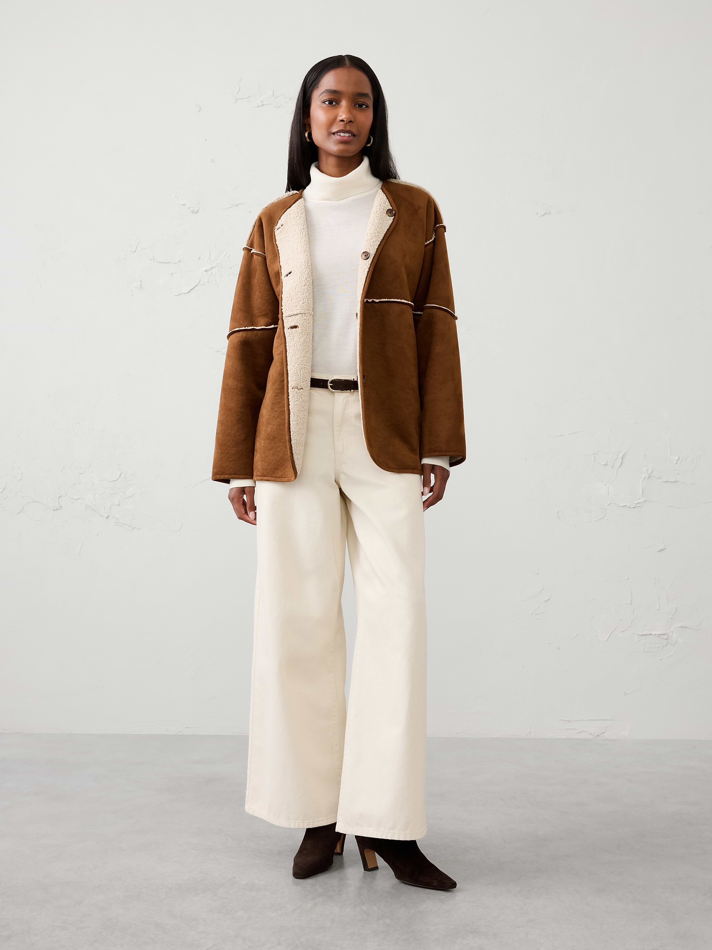 Image 3 of 4, Reversible Vegan Suede Sherpa Jacket