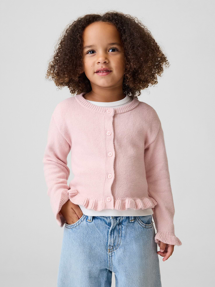 Image 1 of 4, Our bestselling fabric that feels cashmere-soft. Crafted in a midweight plush yarn. Refined with a special brushed technique. It's everyday luxury., Soft knit cotton-blend cardigan sweater., Crewneck., Long sleeves., Button front., Ruffled rib hem., Product #906782