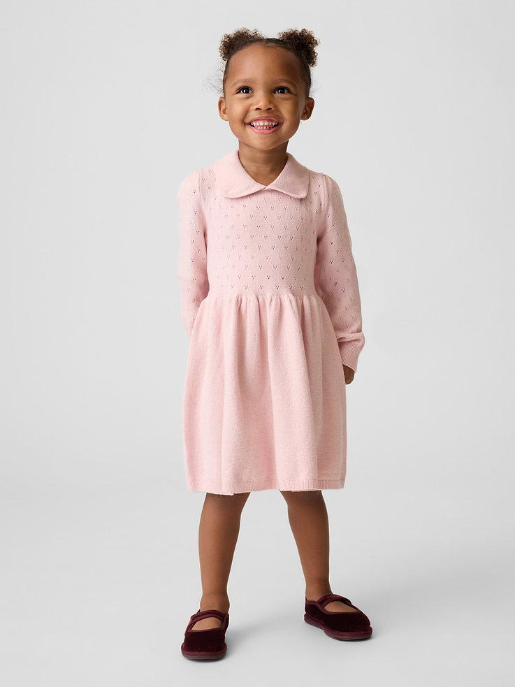 Image 1 of 3, Our bestselling fabric that feels cashmere-soft. Crafted in a midweight plush yarn. Refined with a special brushed technique. It's everyday luxury., Supersoft cotton-blend sweater dress., Peter Pan collar., Long sleeves with ribbed cuffs., Pointelle stitch at bodice and sleeves., Shirring at waist., Product #912144