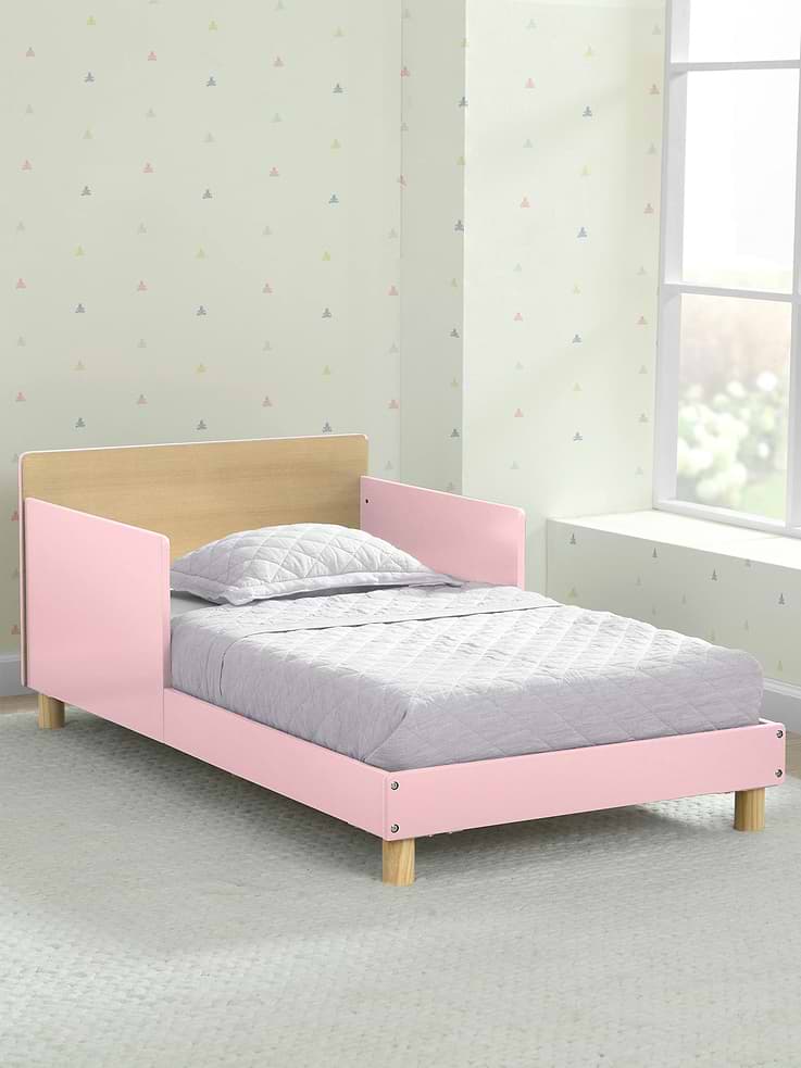 Image 1 of 6, Bring vibrant color and statement-making design to your child’s bedroom with this Toddler Bed by Delta Children., Well-crafted, this modern toddler bed features a square headboard, two-tone accents and round legs., More than just a good-looking option, this toddler bed is made with two attached guardrails and a low height that makes it easy for kids to get in and out on their own., This product is Greenguard Gold certified to meet stringent chemical emissions standards., Complete your child’s bedroom by mixing, matching, and layering this bed with other pieces from the GapKids by Delta Children Collection., Mattresses not included.