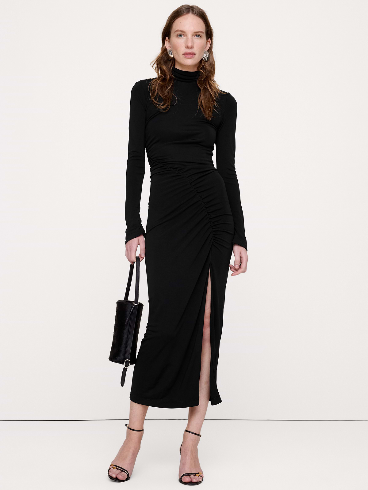 Ruched Jersey Turtleneck Maxi Dress