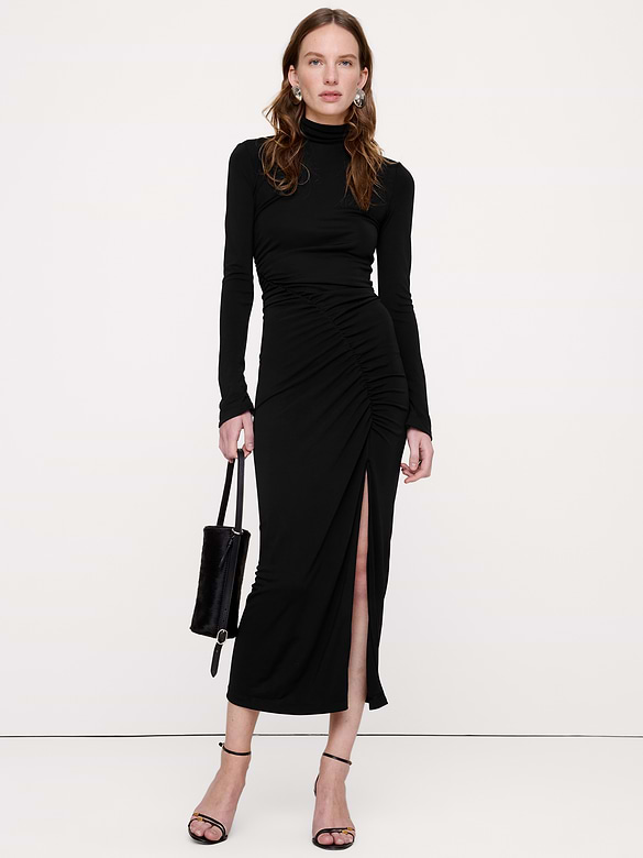 Ruched Jersey Turtleneck Maxi Dress