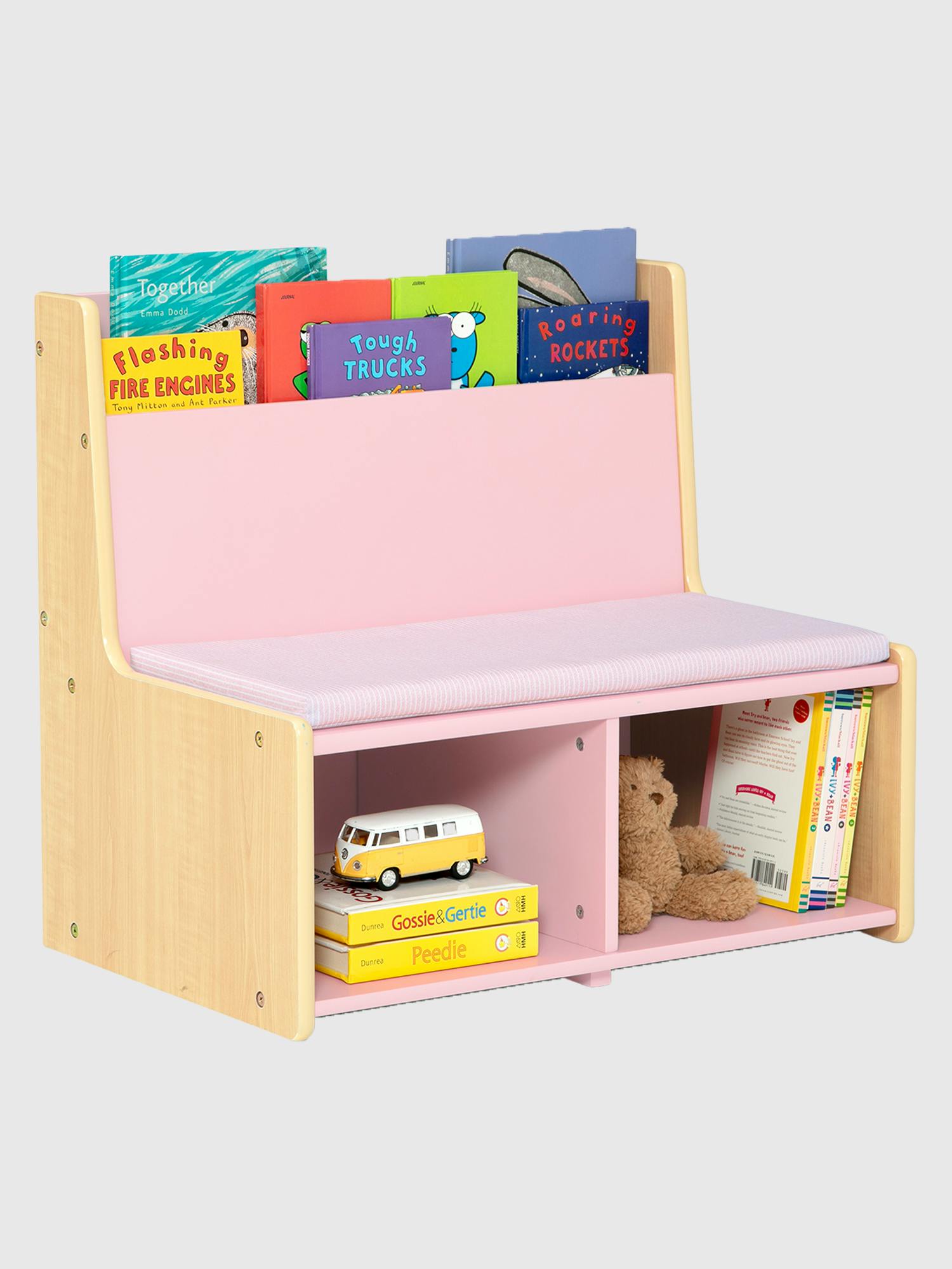 Image 1 of 7, Create a cozy retreat for your little one with the Toddler Reading Nook., This adorable nook makes reading extra special., It features a padded bench for soft, comfortable seating., Bookrack and two open cubbies offer convenient storage., The cushion stays secure with self-adhesive strips., Complete your child’s space by mixing, matching, and layering this toy organizer with other pieces from the GapKids by Delta Children Collection.