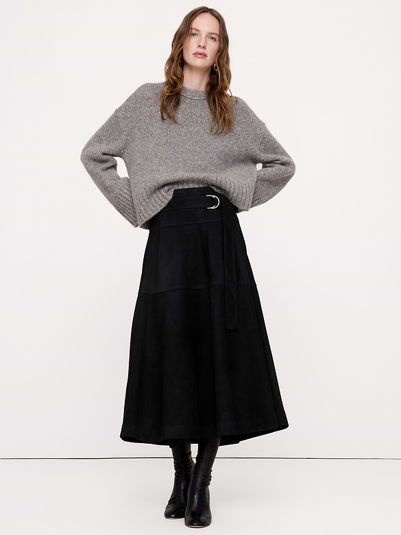 Tiered Suede Belted Midi Skirt