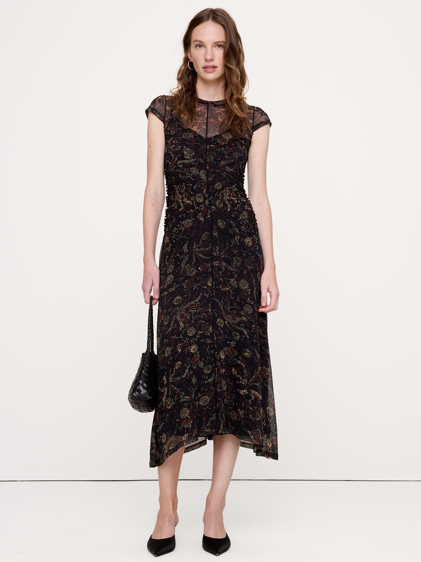 Image 1 of 7, It's a party—and this fitted midi dress with a high neckline and delicate ruching is already dressed for it. We even add a bra keeper so your straps stay put when you dance., Sheath Fit: Sits close to the body with a straight skirt., High crew neck., Adjustable straps., Slip lining., Product #1199183