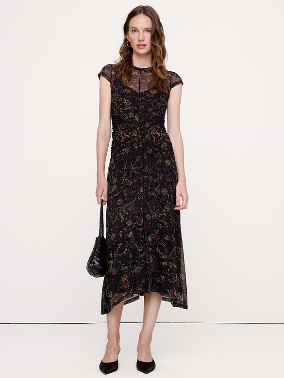 Ruched Mesh Short-Sleeve Midi Dress