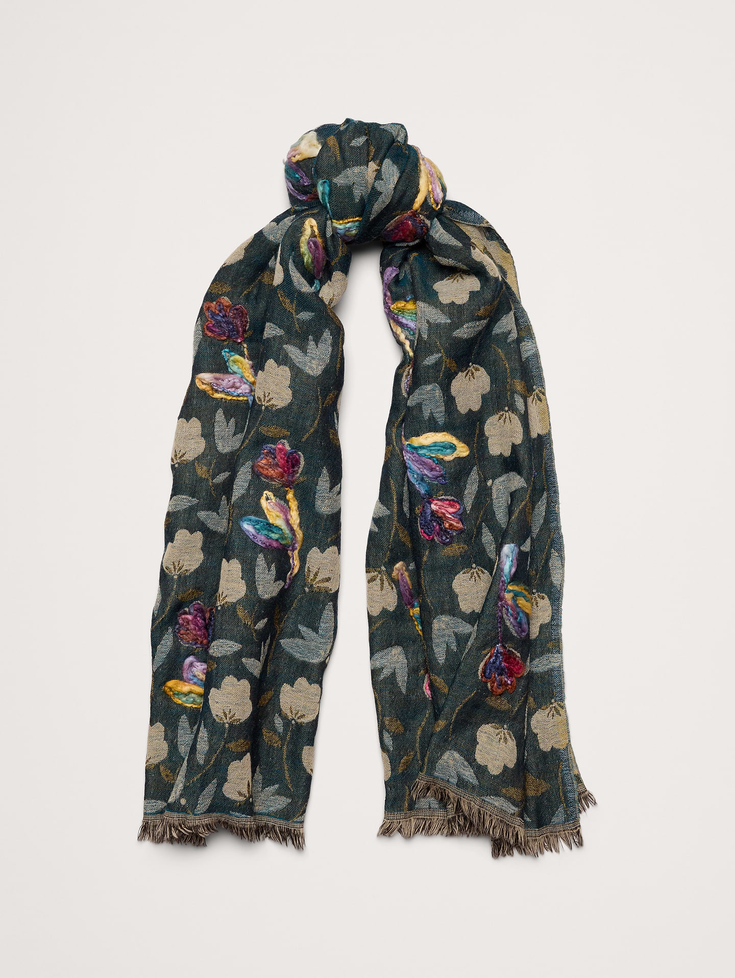 Image 1 of 4, Look closely: this soft, rectangular scarf has embroidered accents. Cut from a soft and warm cotton-wool fabric., Vismaya: Handcrafted scarves and more designed in Los Angeles, made in India. Family-run since 2007., Product #842839