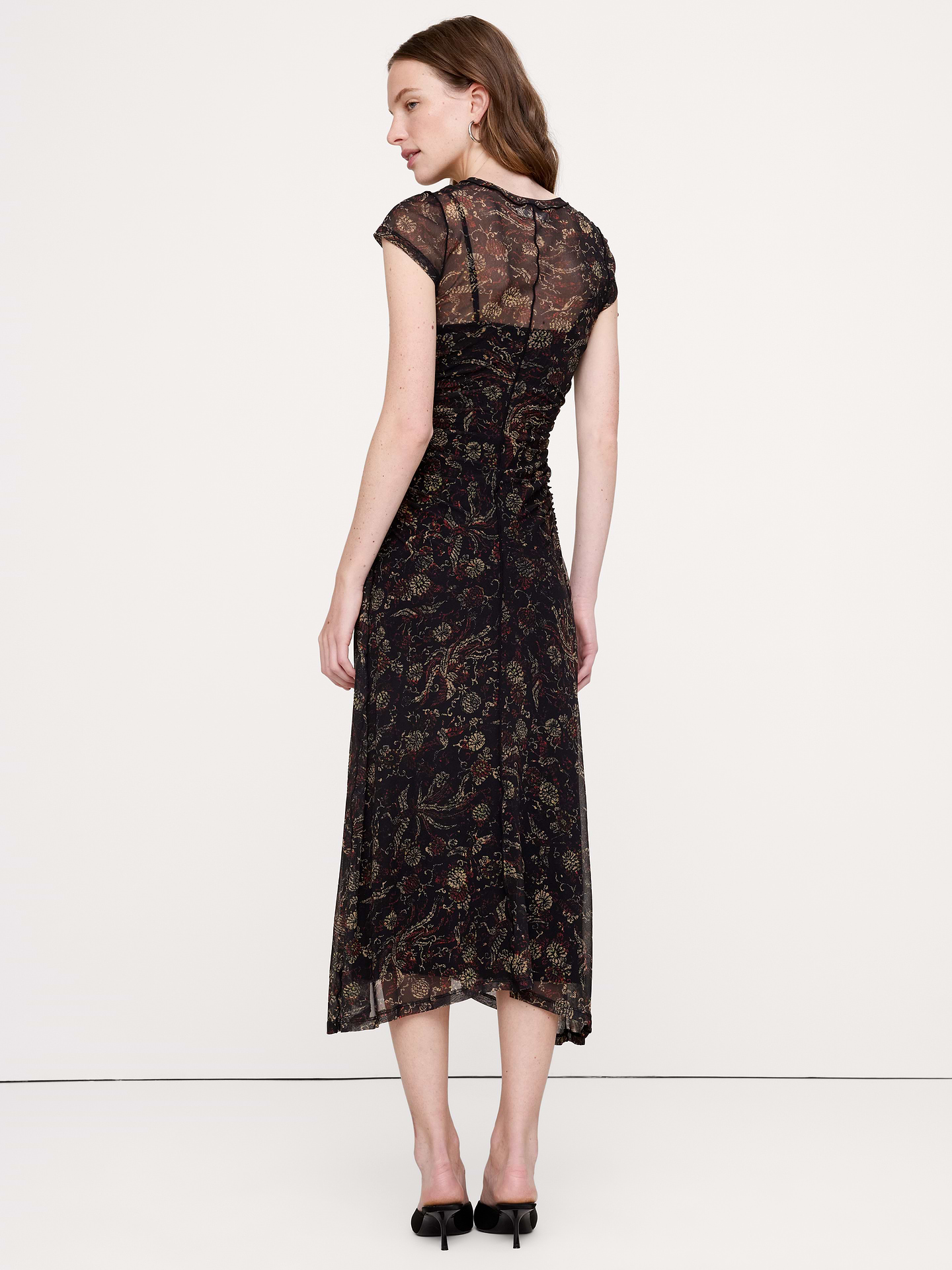 Image 5 of 7, Ruched Mesh Short-Sleeve Midi Dress