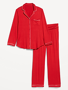 Image 1 of 1, Knit jersey so unbelievably soft and stretchy., set includes pajama shirt and matching pants, notched collar, long sleeves, patch chest pocket, foldover-waist pajama pants for pull-on styling, Product #601460