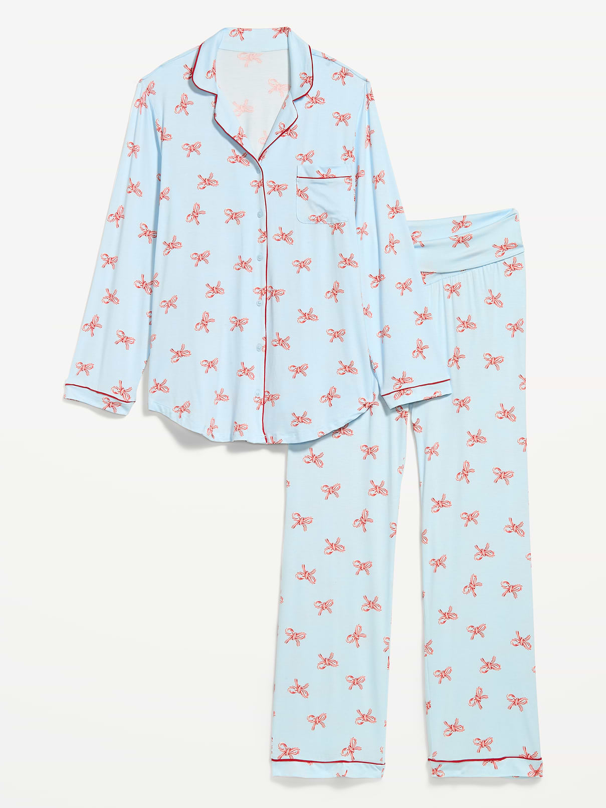 Image 1 of 1, Knit jersey so unbelievably soft and stretchy., set includes pajama shirt and matching pants, notched collar, long sleeves, patch chest pocket, foldover-waist pajama pants for pull-on styling, Product #915842