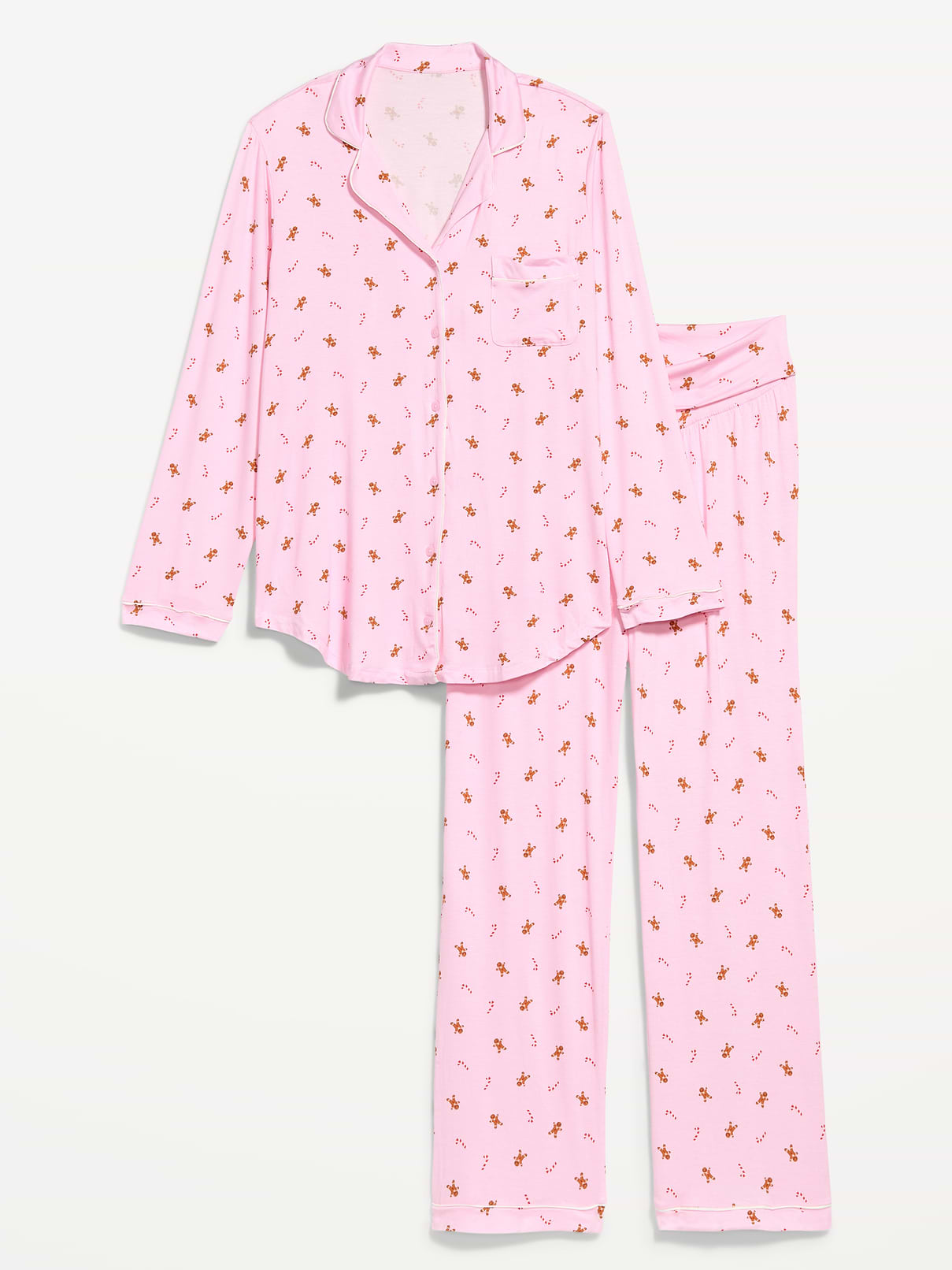 Image 1 of 1, Knit jersey so unbelievably soft and stretchy., set includes pajama shirt and matching pants, notched collar, long sleeves, patch chest pocket, foldover-waist pajama pants for pull-on styling, Product #915842