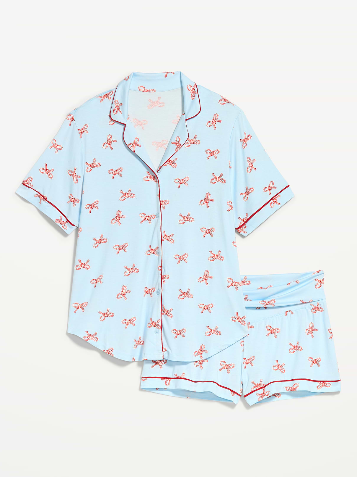 Image 1 of 1, set includes pajama shirt and matching shorts, notched collar, short sleeves, full-button front, pull-on foldover-waist pajama shorts, Product #915834