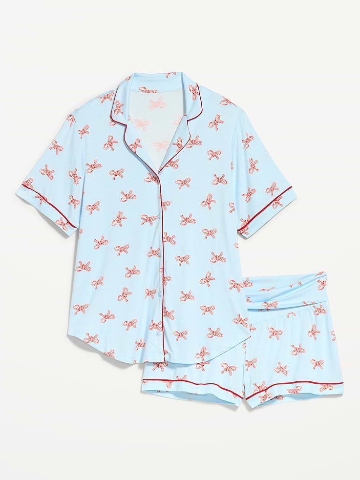 Image 1 of 1, set includes pajama shirt and matching shorts, notched collar, short sleeves, full-button front, pull-on foldover-waist pajama shorts, Product #915834