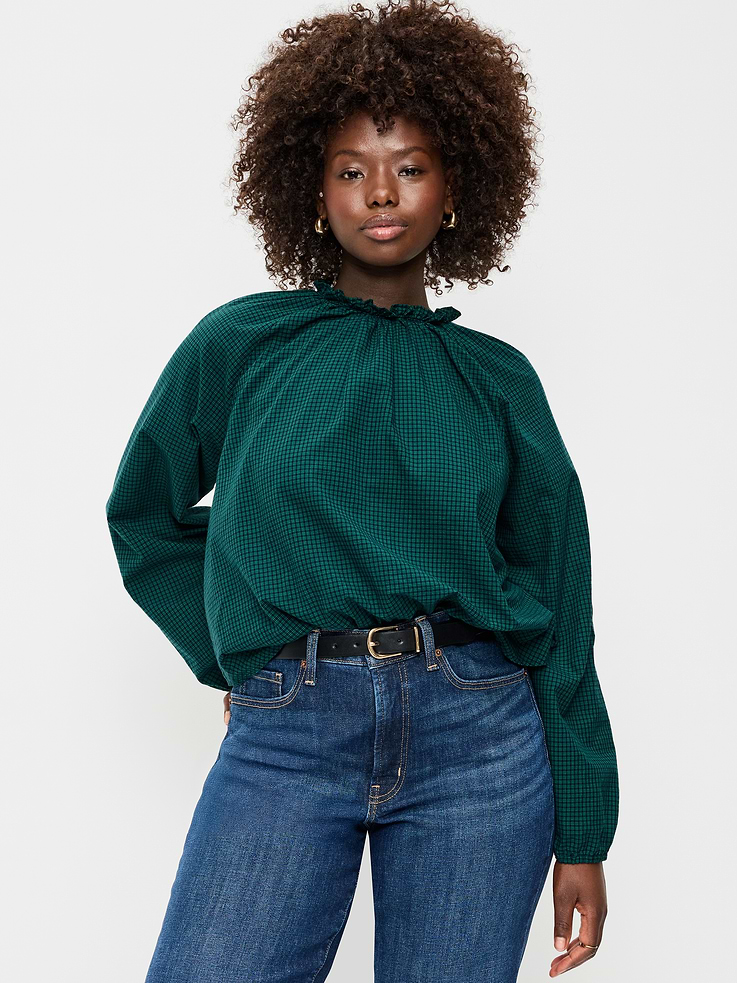 Image 2 of 6, Long-Sleeve Ruffle-Neck A-Line Top
