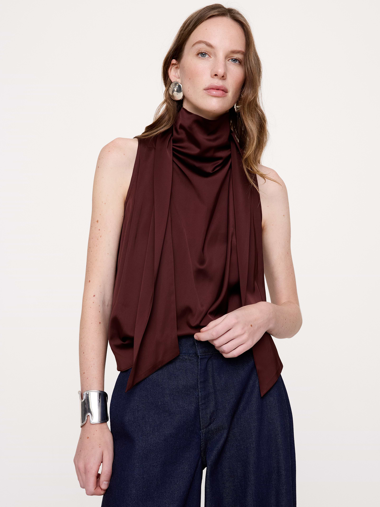 Image 1 of 8, So many ways to wear, we love this top's silky, stretch-satin fabric and the extra-long ties at the neck so you can play around with them., Relaxed fit: Relaxed fit through shoulders, chest and waist., Tie neck., Straight hem., Unlined., Product #915788