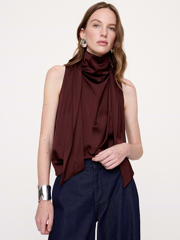 Satin-Stretch Tie-Neck Top