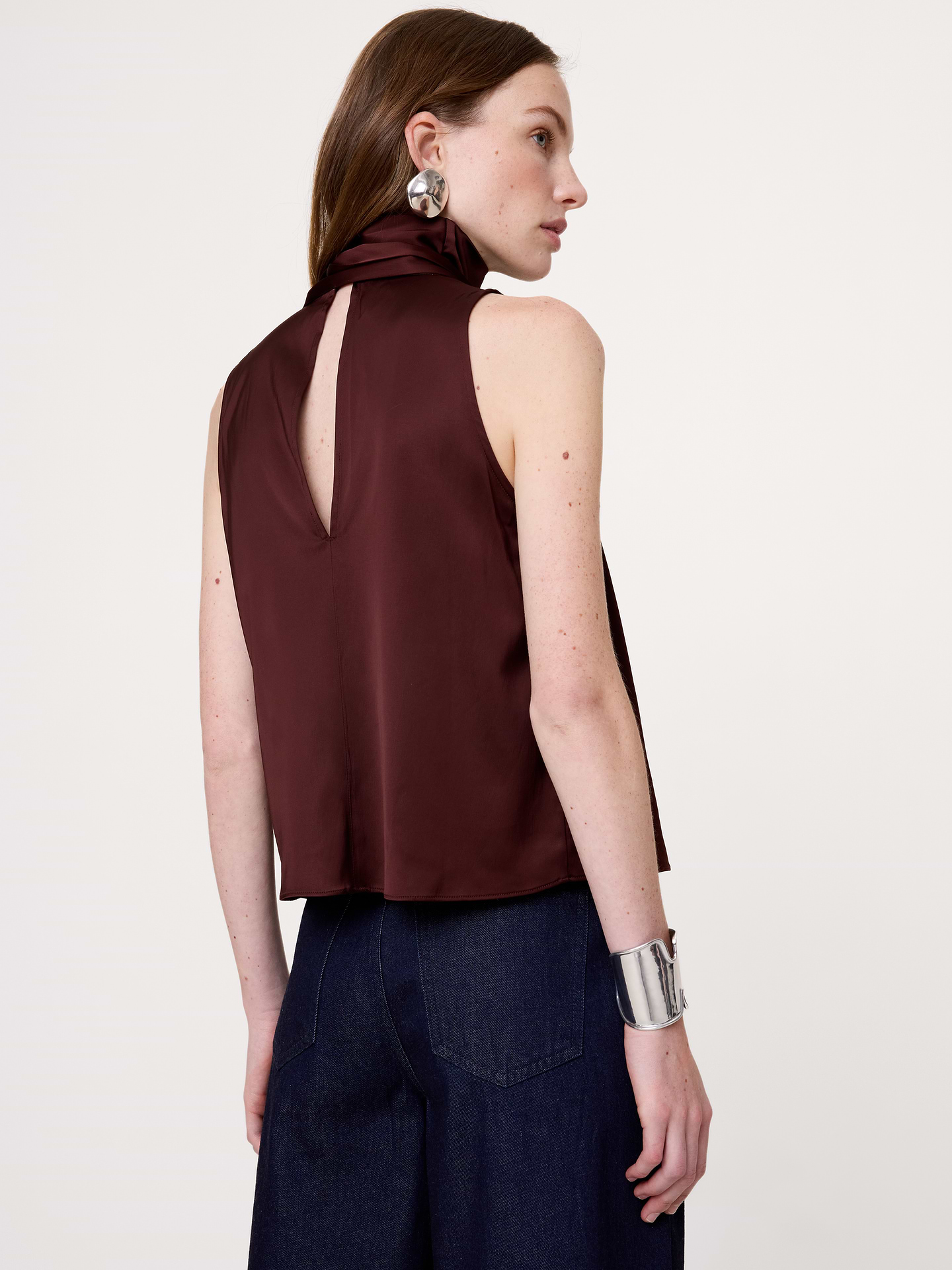 Image 2 of 8, Satin-Stretch Tie-Neck Top