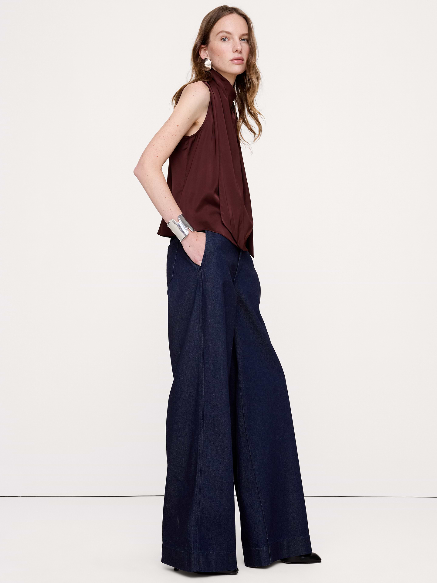 Image 3 of 8, Satin-Stretch Tie-Neck Top