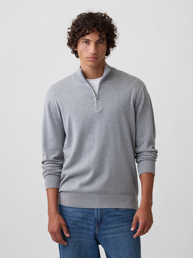 Image 1 of 5, Soft cotton knit., Dropped shoulder, long sleeves with ribbed cuffs., Ribbed mockneck, quarter-zip front., Ribbed hem., Product #1178054